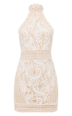 White High Neck Lace Crochet Bodycon Dress | PrettyLittleThing USA