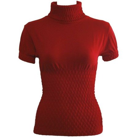 Red Ladies Seamless Short Sleeve Turtleneck Top Diamond Pattern