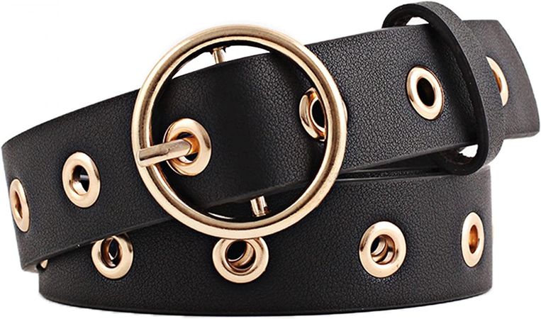 uxcell Womens Leather Belt for Jeans Dress Pants Studded Grommet with Circle Metal Buckle Up to 35 inches Black at Amazon Women’s Clothing store