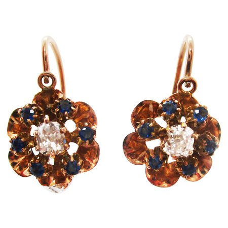 14 Karat Rose Gold Victorian Mine Cut Diamond and Sapphire Flower Drop Earrings For Sale at 1stDibs