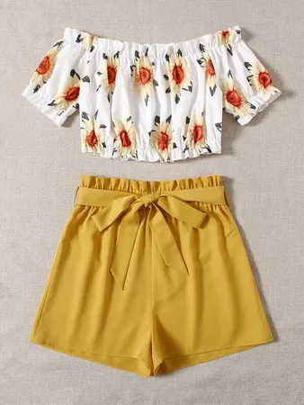 yellow white Sunflower Bardot Top With Belted Shorts | SHEIN USA