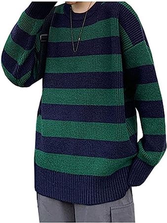 LifeShe Women's Men Striped Sweater Pullovers Oversized Knitted Jumpers Sweatershirts Streetwear Green at Amazon Women’s Clothing store