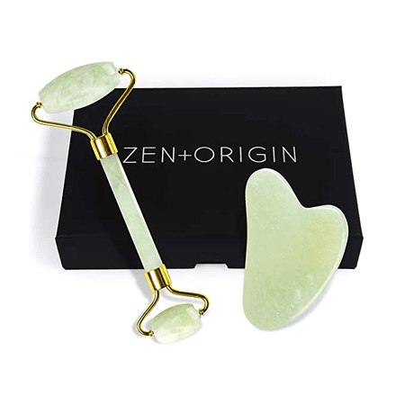 Jade Roller and Gua Sha Set - Jade Face Roller, 100% Natural Jade Stone Set, Dual Sided Face Massager, Stimulates Blood Flow, Relieves Stress, Reduces Signs of Aging, Travel Pouch Included, Gift Box