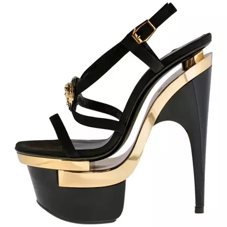 VERSACE Triple Platform Black Gold Medusa Swarovski Crystals Sandals For Sale at 1stDibs | versace triple platform heels, swarovski crystal sandals, black cristals