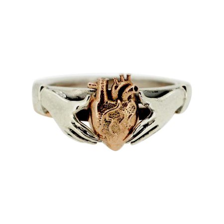 Anatomical Heart and Claddagh Ring Set in 9kt White and 9kt Rose Gold For Sale at 1stDibs