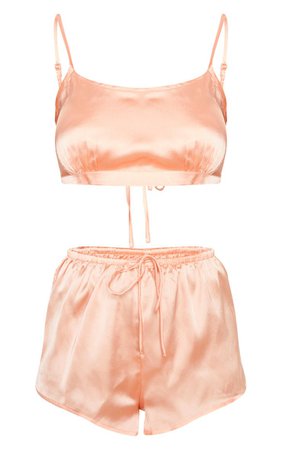 Peach Tie Back Crop Satin Short Pyjama Set | PrettyLittleThing