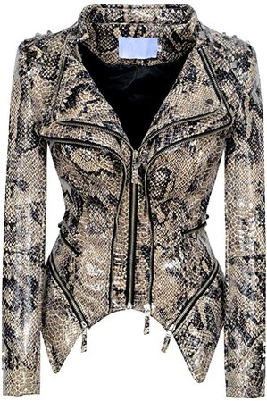 chouyatou Women's Fashion Snake Pattern Print Studded Moto Pu Leather Biker Jacket (Small, Snake-Skin) at Amazon Women's Coats Shop