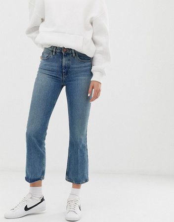 ASOS DESIGN Recycled Egerton rigid cropped flare jeans in mid stonewash blue | ASOS