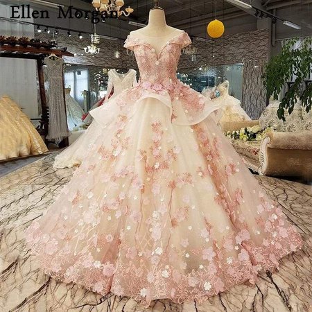 TeresaCollections - Princess Pink Lace Sheer Neck Puffy Elegant Ball Gowns Formal Dress