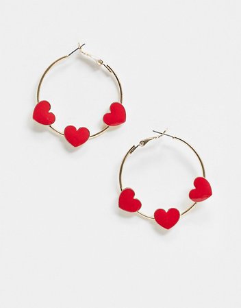ASOS DESIGN hoop earrings with red love hearts in gold tone | ASOS