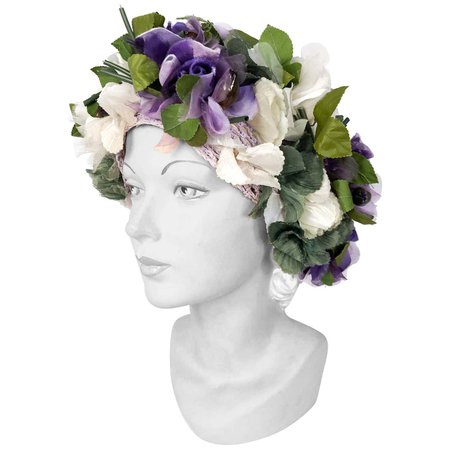 1960's High-Fashion Violet and Cream Floral Hat For Sale at 1stDibs