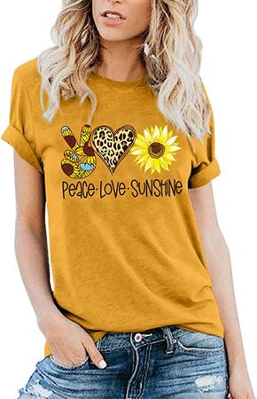 LORSU Women Peace Love Sunflower Sunshine T Shirt Victory Leopard Heart Graphic Tees Tops at Amazon Women’s Clothing store