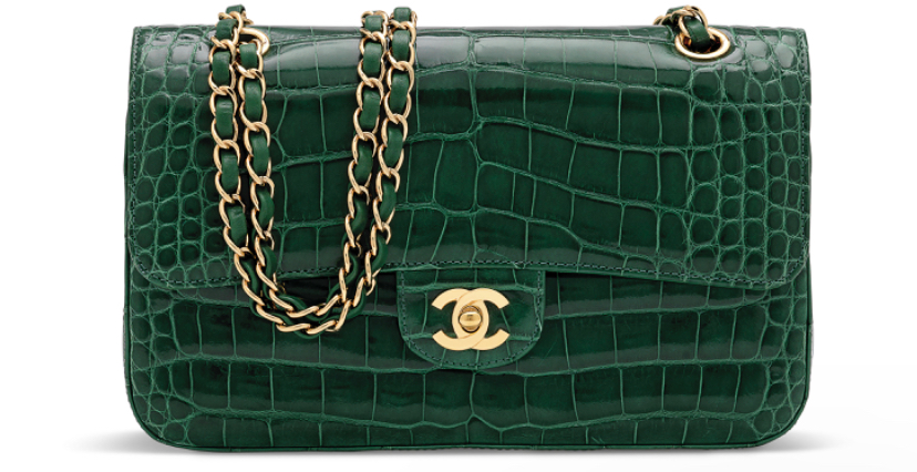 A SHINY GREEN ALLIGATOR MEDIUM DOUBLE FLAP BAG WITH GOLD HARDWARE CHANEL
