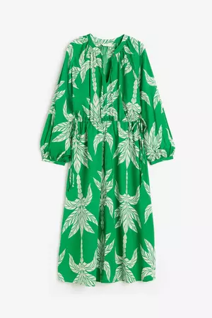 Tie-detail cotton dress - Green/Palm trees - Ladies | H&M GB