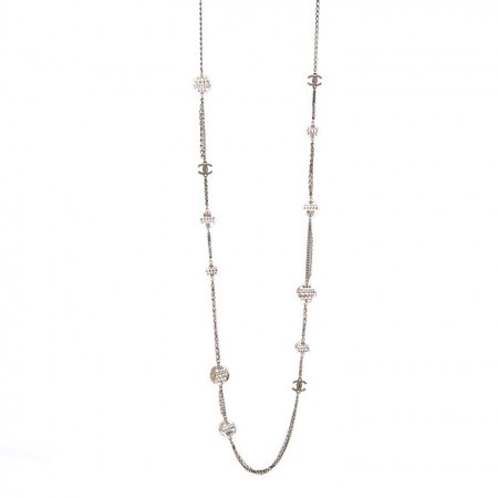 CHANEL Resin Crystal Long CC Necklace Light Gold Green Pink 357262