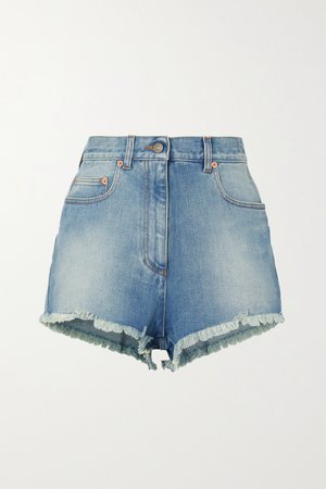 Blue Appliquéd frayed denim shorts | Gucci | NET-A-PORTER