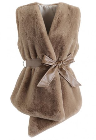 Asymmetric Faux Fur Vest with PU Leather Belt in Caramel - TOPS - Retro, Indie and Unique Fashion