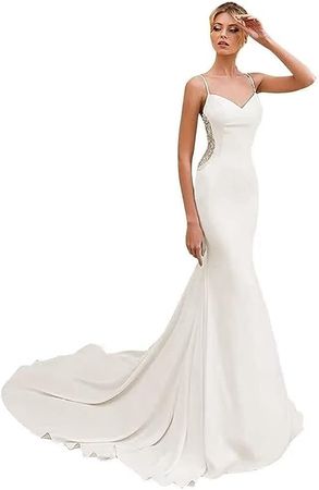 Amazon.com: Simple Beach Wedding Dresses Long A-Line Spaghetti Straps Bridal Gowns with Train V Neck Evening Gown for Bride : Clothing, Shoes & Jewelry