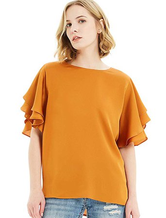 Amazon.com: Basic Model Batwing Tops Ruffle Blouse for Women Summer Casual Flutter Sleeve Blouses Crew Neck Shirts: Clothing