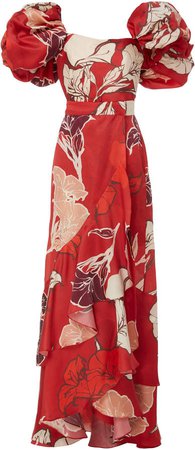 Ancestral Belonging Puff Sleeve Floral Silk Gown