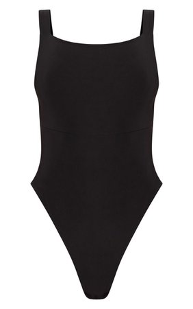Black Slinky Square Neck Low Back Thong Bodysuit | PrettyLittleThing