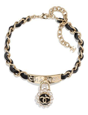 Chanel - CHOKER Metal, Calfskin, Glass Pearls & Diamanté Gold, Black, Pearly White & Crystal