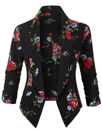 Textured Floral Print Open Front Ruched 3/4 Sleeve Blazer