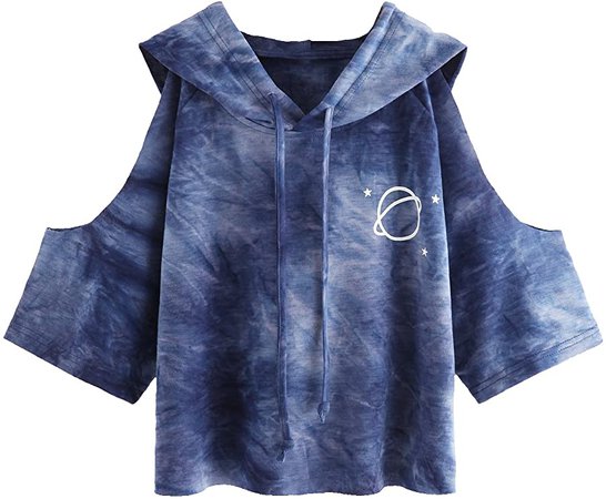 SweatyRocks Women's Cold Shoulder Tie Dye Pullover Hoodie Crop Top Sweatshirt Blue S at Amazon Women’s Clothing store