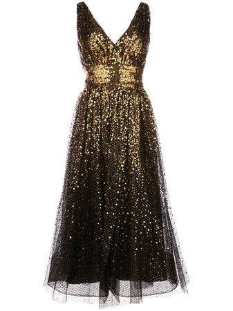 Gold Marchesa Notte Sequin Embroidered Flared Dress | Farfetch.com