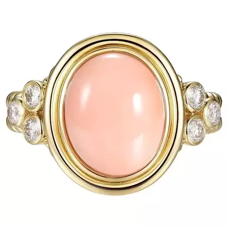 Coral with Diamonds Ring in 14K Yellow Gold For Sale at 1stDibs