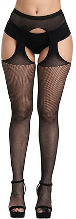 *clipped by @luci-her* Confonze Women's High Waist Fishnet Tights Suspenders Pantyhose Thigh High Stockings Black (Black-6053) at Amazon Women’s Clothing store