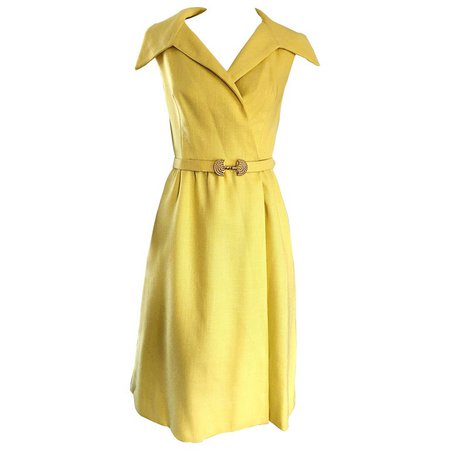 Mollie Parnis Canary Yellow Linen Vintage Belted Shirt Dress, 1950s For Sale at 1stdibs
