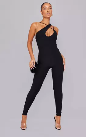 Black Slinky Asymmetric Strap Jumpsuit | PrettyLittleThing USA