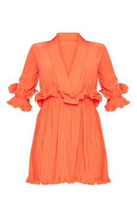 Bright Orange Frill Detail Pleated Skater Dress | PrettyLittleThing