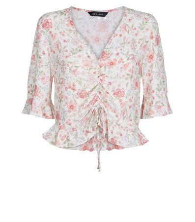 White Floral Ruched Frill Top | New Look