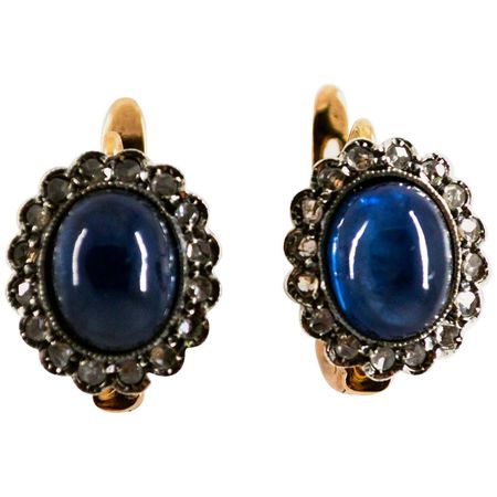 Art Deco Blue Sapphire White Rose Cut Diamond Yellow Gold Lever-Back Earrings For Sale at 1stDibs