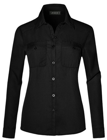 Lightweight Roll Up Long Sleeve Button Down Chiffon Shirt with Pockets | LE3NO black