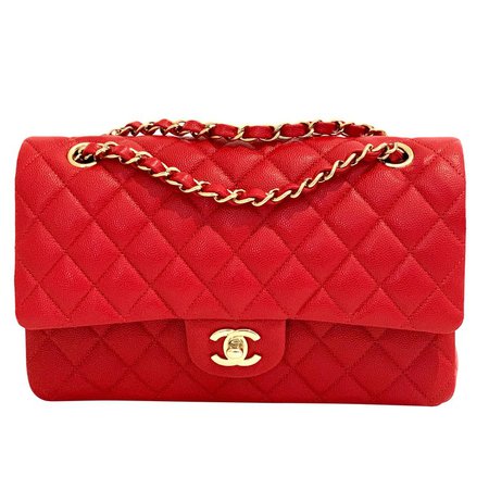 Chanel Medium Classic Caviar Double Flap Red Gold Hardware New 19B For Sale at 1stdibs