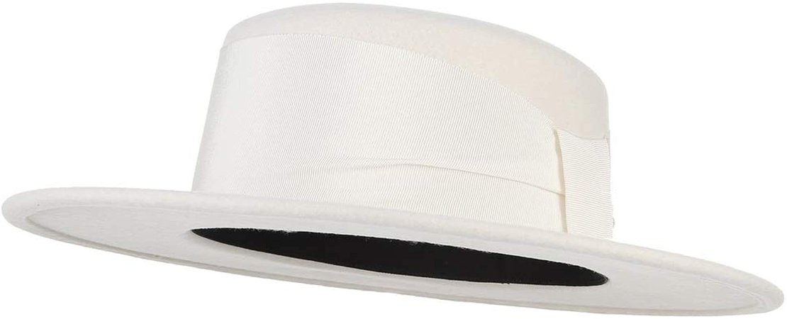 GEMVIE Women's Wool Boater Hat Vintage Wide Brim Flat Top Fedora Hat Church Derby Hat US 7 1/8 White at Amazon Women’s Clothing store