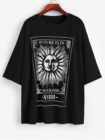 [34% OFF] [POPULAR] 2020 Sun And Moon Letter Print Loose Tee In BLACK | ZAFUL