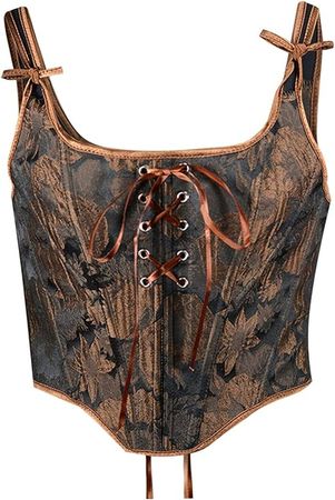 WPOUMV Women's Corset Steampunk Gothic Steel Boned Bustiers Vest Jacquard Lace Up Overbust Corsets Waist Training Bodice 15-brown at Amazon Women’s Clothing store