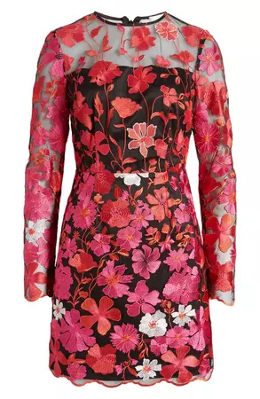 Milly Scottie Floral Mesh Overlay Long Sleeve Minidress | Nordstrom