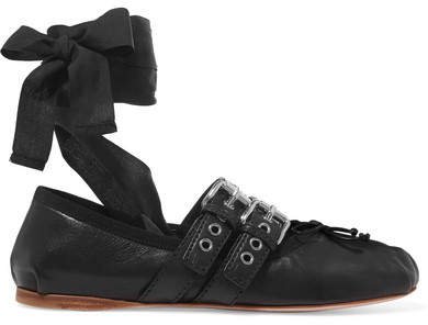 Lace-up Leather Ballet Flats - Black