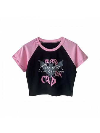 Black and Pink Bat Print Y2k Cropped Top