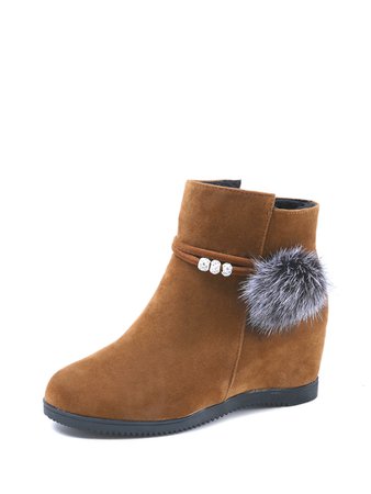Suede Faux Fur Ball Decorated Hidden Wedge Boots