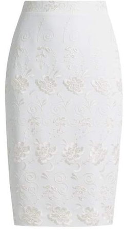 Floral Embroidery Stretch Crepe Skirt - Womens - White