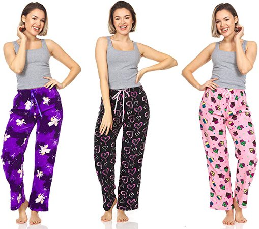 Women's Super-Soft Plush Fleece Pajama Bottoms/Printed Lounge Pants - 3 Pack at Amazon Women’s Clothing store