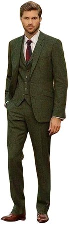 Men's Classic Olive Green Suits Tweed Wool Groom Vintage Wedding 3 Pieces Jacket Vest Pant Tuxedos at Amazon Men’s Clothing store