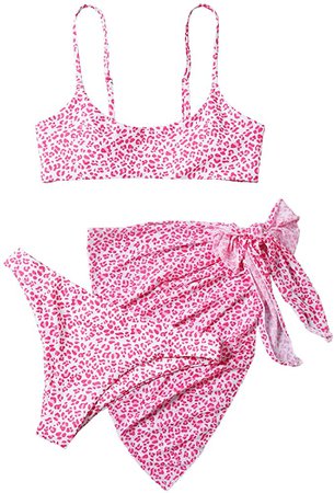 SheIn Women's 3 Piece Leopard Wireless Bikini Set Swimsuit and Cover Up Beach Skirt Pink Leopard Medium : Clothing, Shoes & Jewelry