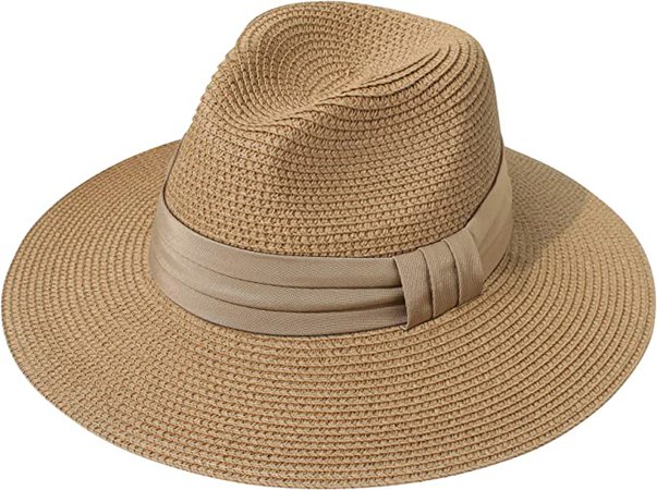 Lanzom Women Wide Brim Straw Panama Roll up Hat Fedora Beach Sun Hat UPF50+ (B-Brown) at Amazon Women’s Clothing store
